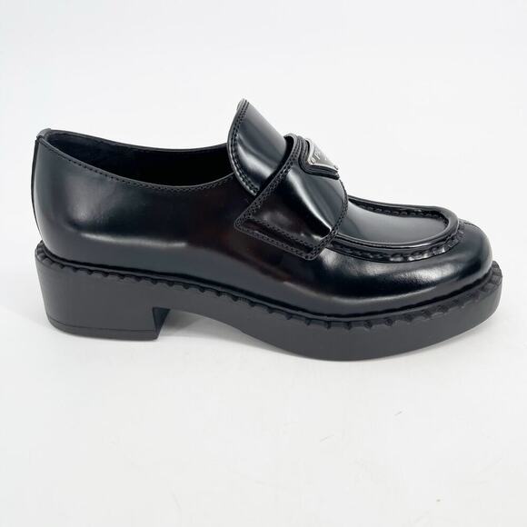 Prada Black Brushed Leather Chocolate Chunky Triangle Logo Loafer size IT 36 - Picture 3 of 15